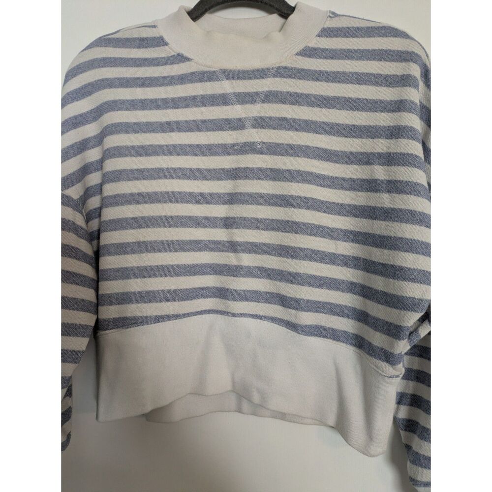 FRAME Striped Cropped Sweatshirt XS Blue White Chambray Multi Cotton Pullover - Picture 4 of 6